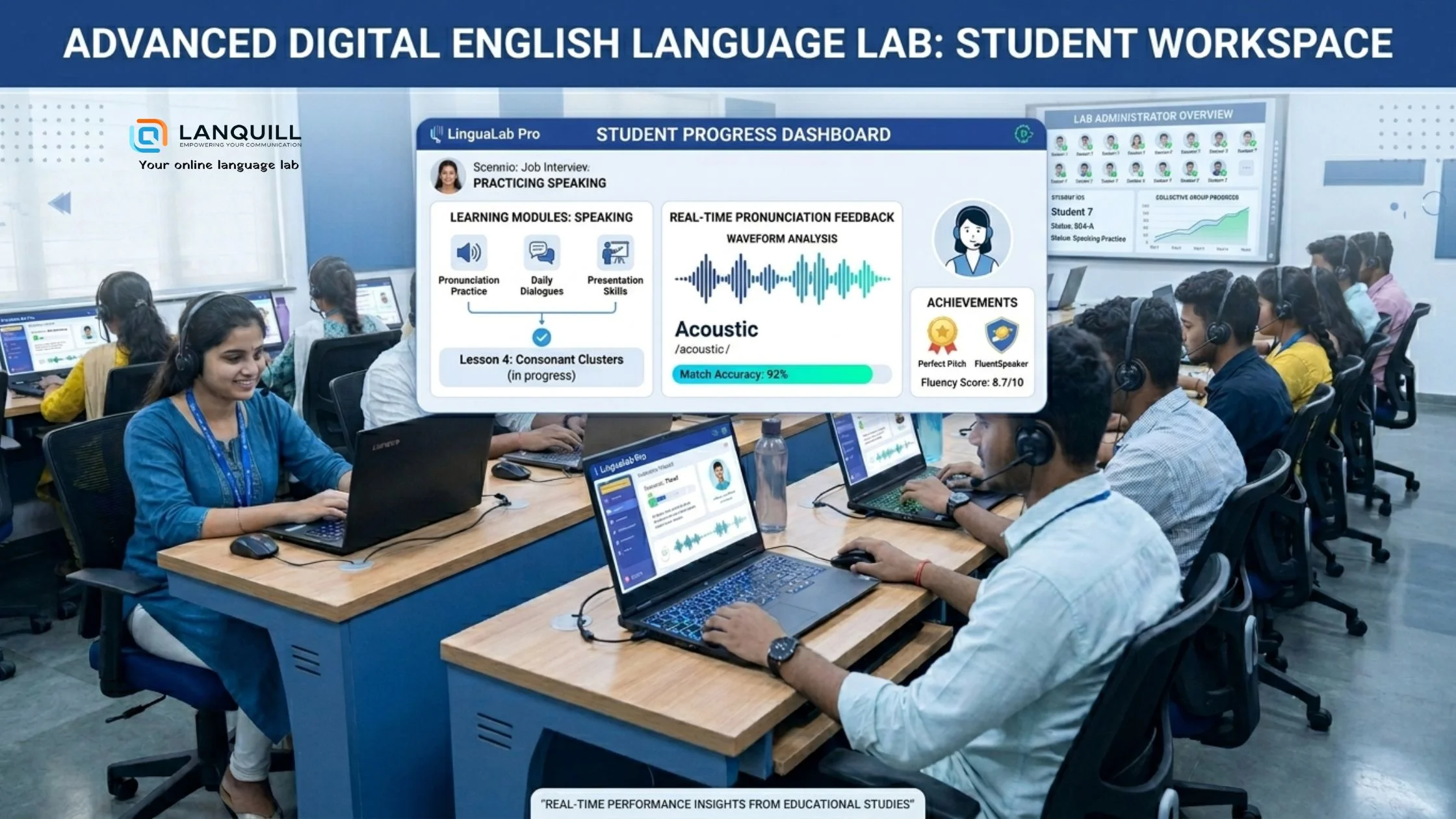 English language lab setup with students practicing speaking and listening using Lanquill software